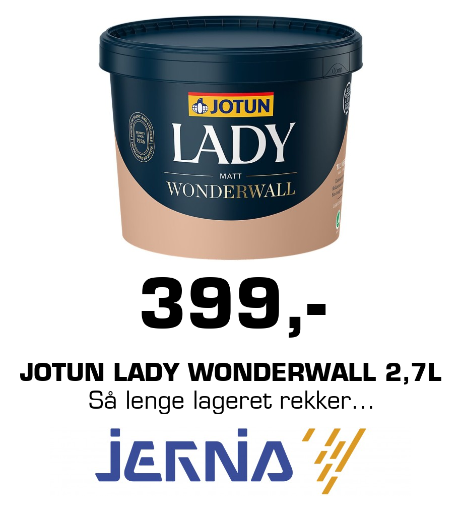Jernia: 399,- Jotun Lady Wonderwall 2,7l Så lenge lageret rekker...