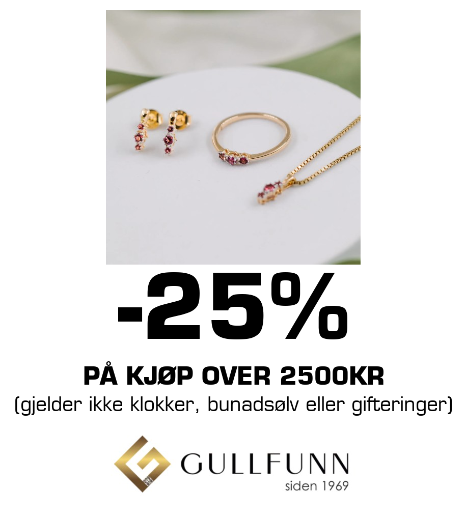 Gullfunn: -25% på kjøp over 2500kr (gjelder ikke klokker, bunadsølv eller gifteringer)