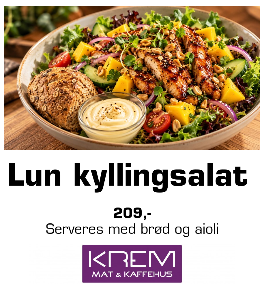 Krem Mat og Kaffehus: Lun kyllingsalat 209,- Serveres med brød og aioli